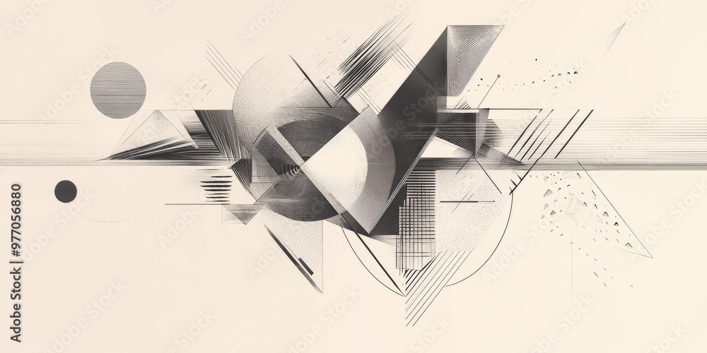 Poster abstract line art illustration featuring intricate geometrical shapes and a complex structure made u