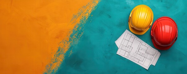 Bright construction helmets and blueprints on a colorful surface, representing project planning and safety in construction.