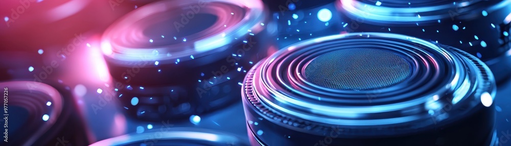 Aufkleber close-up of modern speaker designs with vibrant lights and particles creating a dynamic atmosphere f