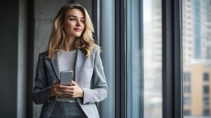 Fototapeta premium Woman in Gray Suit Holding Smartphone by Window