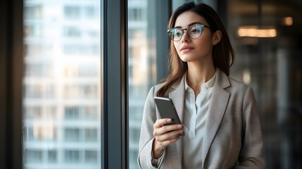 Fototapeta premium Businesswoman with glasses looking out of window, holding a smartphone