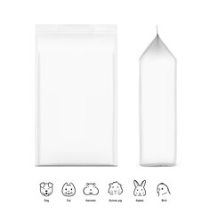 Hyper realistic gusseted packaging bag mockup for pet food with set icons. Front and side view. Vector illustration isolated on white background. Ready for use in presentation, promo. EPS10.	