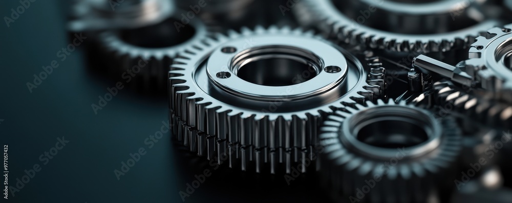 Poster close-up view of shiny metal gears arranged artistically on a dark surface, showcasing intricate eng