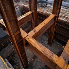 Close-up view of industrial construction site featuring rusted steel beams and concrete foundation in progress.