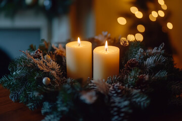 Two candles flicker in a festive wreath, casting a warm glow.