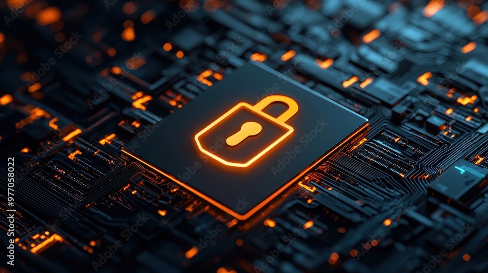 Poster digital lock icon glowing on a circuit board, showcasing security and technology in modern data prot