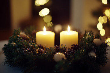 Two candles glow in a festive evergreen wreath.