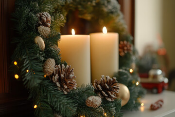 A close-up of a festive Christmas wreath adorned with pine cones and candles.