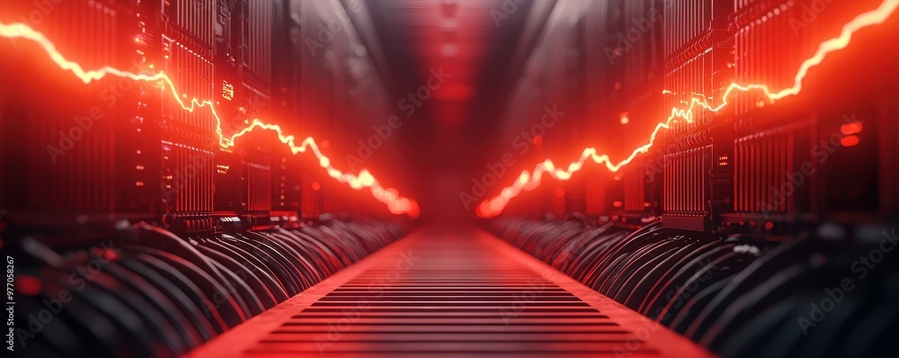 Poster futuristic data center featuring glowing red light and modern server racks, representing advanced te