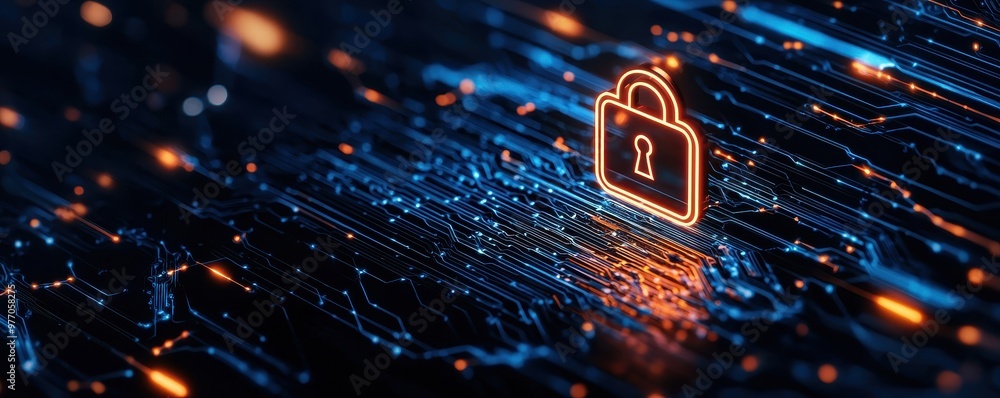 Poster futuristic digital lock symbol on a vibrant circuit board background, representing cybersecurity and