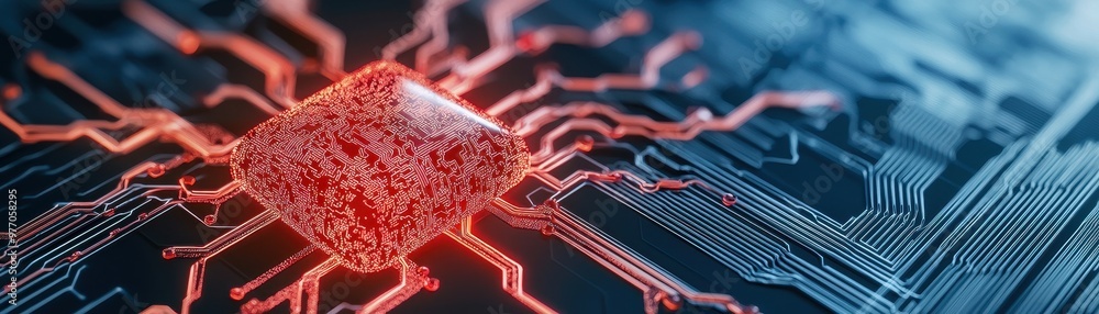 Poster futuristic microchip illuminated in red, set against a deep blue circuit board background, symbolizi