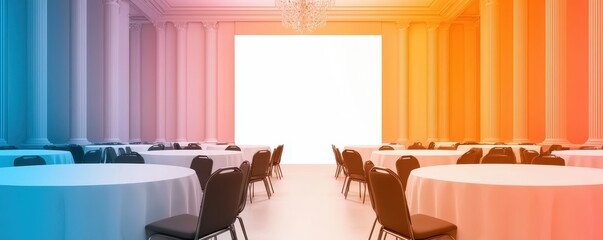 Elegant event space with round tables and stylish chairs, perfect for conferences, weddings, or social gatherings.