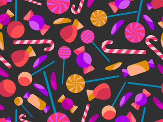 Seamless pattern with Halloween candies. Halloween candies and lollipops, trick or treat. Scattered candy design for wallpapers, wrappers, covers and banners. Vector illustration