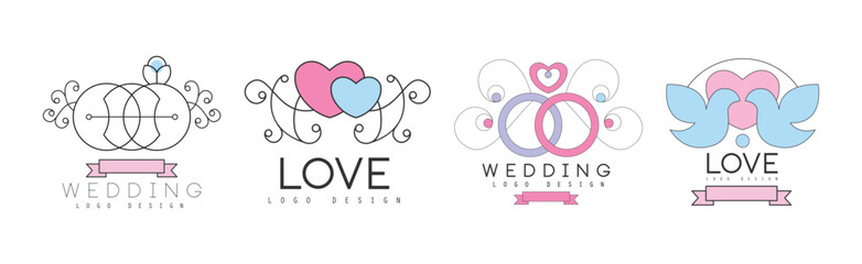 Happy Wedding Logo Design with Marriage Ceremony Element Vector Set