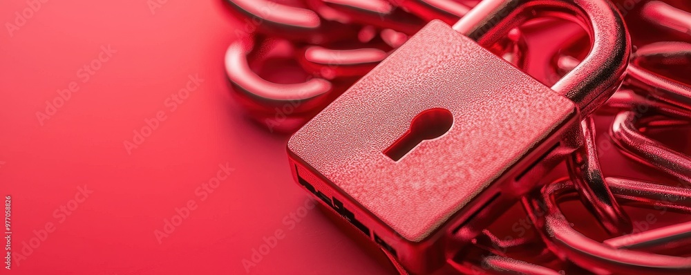 Poster red padlock on a chain symbolizes security and protection. ideal for concepts of safety and confiden