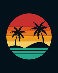 Sea beach sunset summer vintage t shirt design in black backgrounds