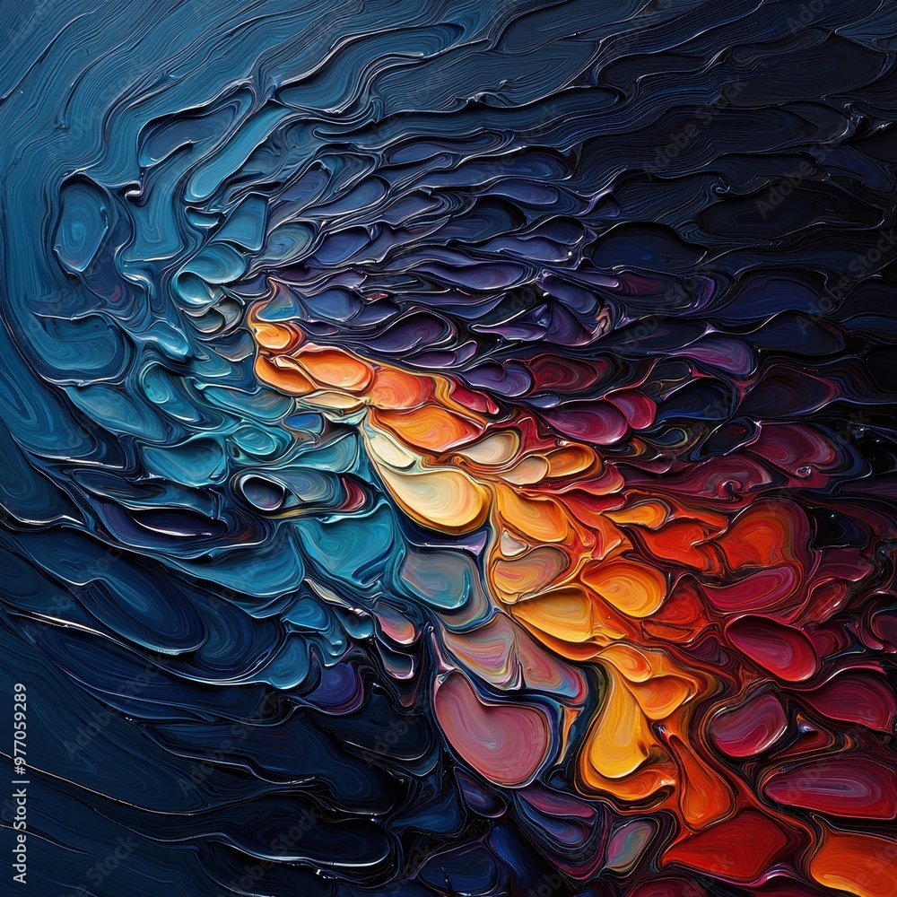 Poster vibrant abstract art featuring fluid shapes and colorful waves transitioning from deep blue to warm 