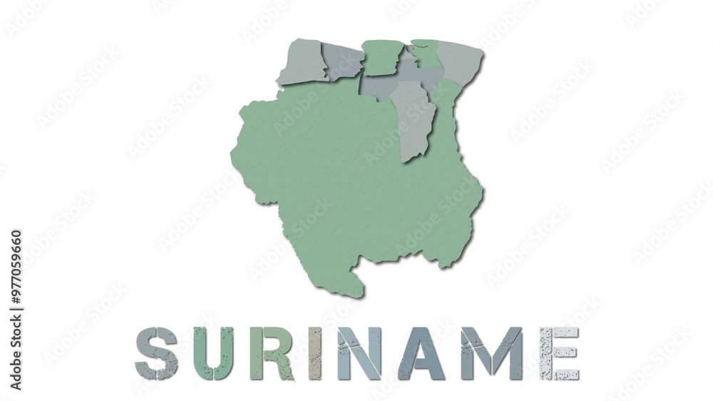 Poster suriname map with paper regions. animated country map growing from regions and title letters falling