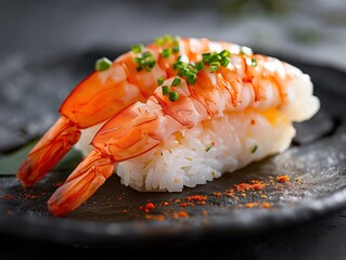 Close up photo of Ebi Nigiri shrimp sushi with rosemary on a dark plate