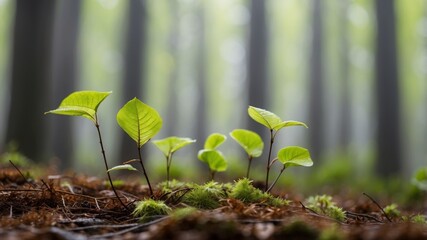 panorama of foggy beech forest with first green leaves in early spring.