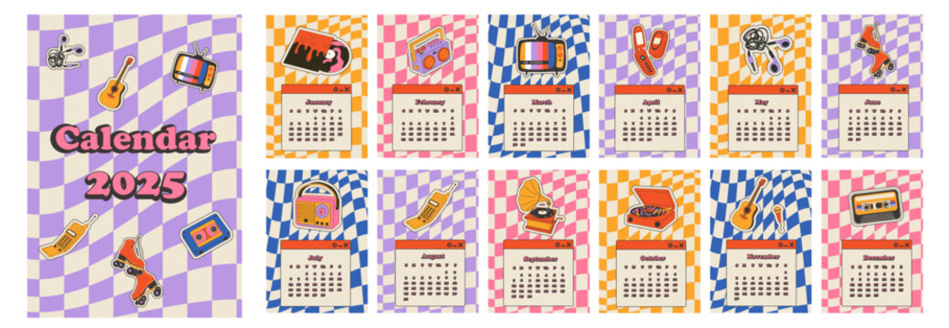 2025 calendar with Retro stickers design. Calendar planner minimal style, annual organizer. Vector illustration