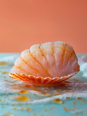 Hotate nigiri, scallop sushi with bold vivid color background, minimalistic composition