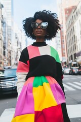 Obraz premium woman wearing a sweatshirt with a puffy skirt in bold colors, busy street in background