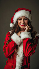 portrait of young smiling beautiful woman dressed as santa claus traditional clothes festive celebration christmas xmas posing vertical photo