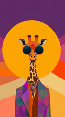 Fototapeta premium illustration features a giraffe wearing futuristic sunglasses and extravagant jewelry against a colorful, geometric background with a yellow circle