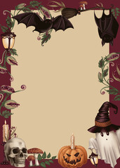 Halloween background vertical frame with creepy cute characters in cartoon style. Hand drawn blank with copy space. Beige and purple template for autumn graphic and spooky season card designs.