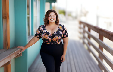 happy, cheerful, full of energy brunette woman in floral blouse and black bottom outside; copy space