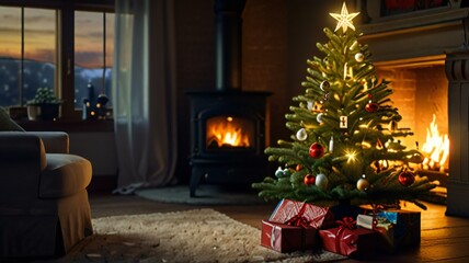 christmas tree and fireplace