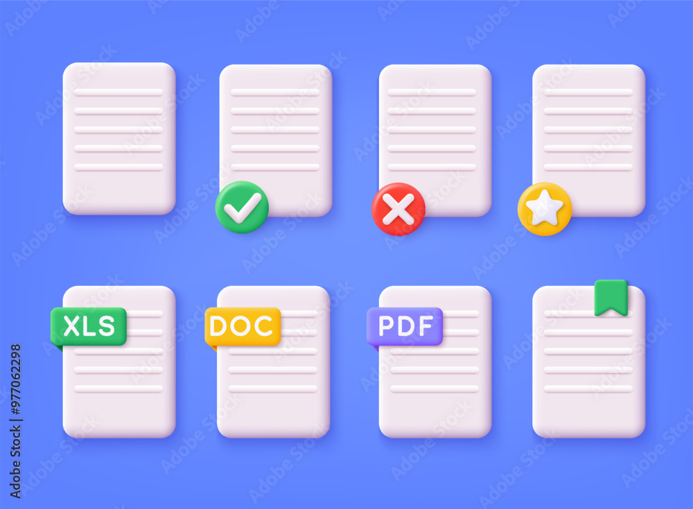 Poster files 3d big set. document file icons. doc, pdf, xls. 3d web vector illustrations.