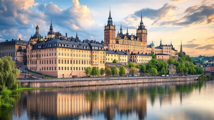 Fototapeta premium Majestic Historic Building on Water at Dusk, Sunset Clouds, Romantic Cityscape in Sweden