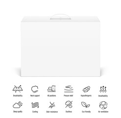 Carrying corrugated box case with plastic handle mockup for latex pillow with set icons. Front view. Vector illustration isolated on white background. Ready and simple to use for your design. EPS10.	