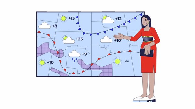 Weather presenter woman forecasting precipitations, temperature 2D character animation. Synoptic cartoon 4K video, alpha channel. Female meteorologist reports news animated person on white background