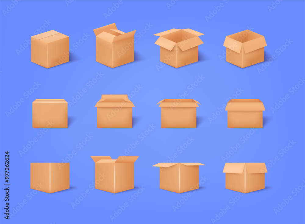Poster carton delivery packaging open and closed box with fragile signs. cardboard box mockup set. 3d vecto
