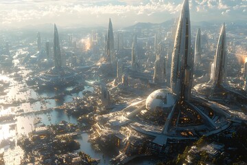 Futuristic cityscape with towering structures under a vibrant sky