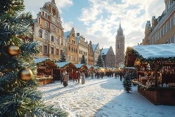 Obraz premium Festive Christmas market in a historic town square during winter
