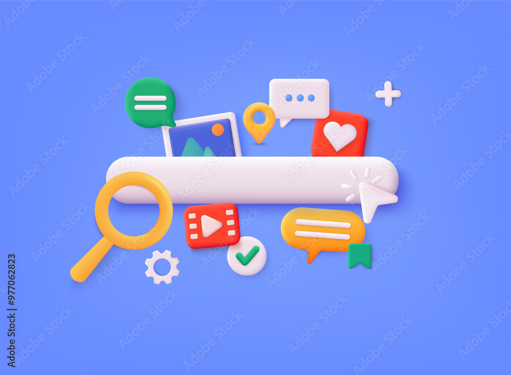 Fototapete Search bar icon. Searching image and video files in database. 3d document management concept media, document online, docs icon concept. 3D Web Vector Illustrations.