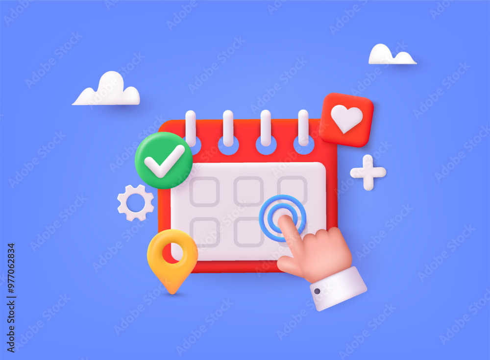 Poster 3d calendar icon marked date and time for event meeting reminder. 3d web vector illustrations.