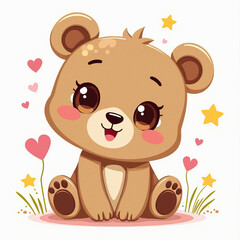 Fototapeta premium cute brown teddy bear with sparkling eyes surrounded by hearts and stars illustration isolated on white background