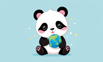 Fototapeta premium Kawai style illustration Charming baby panda and globe on white, perfect for back to school, graduation, and study-themed designs for banners, posters, and T-shirts.