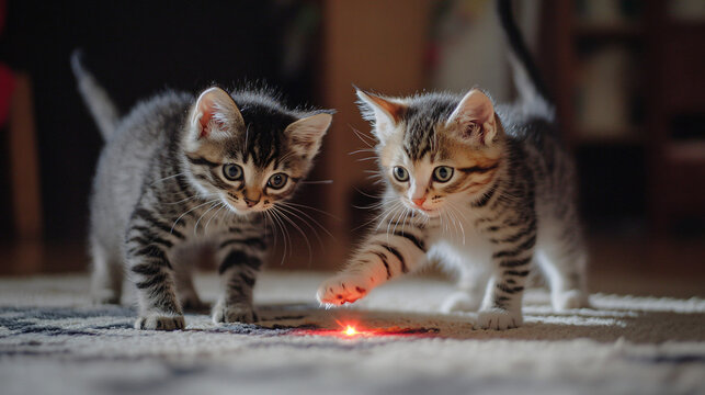 Kittens playfully chasing a laser pointer.