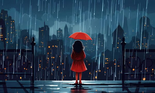 lonely little girl stand in rain on cityscape animation