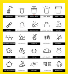 Icons set for garbage bag. The outline icons are well scalable and editable. Contrasting vector elements are good for different backgrounds. EPS10.