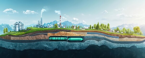 Cross-section illustration of carbon capture and storage processes, layers of earth, underground CO2 storage, corporate environmental strategy