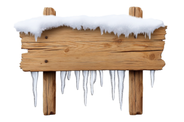 Wooden signboard covered with snow and icicles, winter decoration