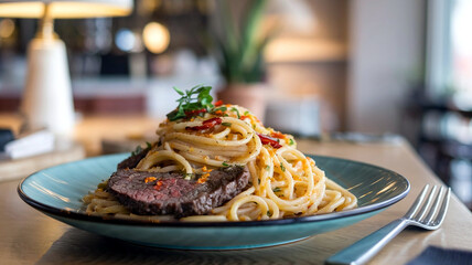 A plate of beef spaghetti aglio e olio garnished with parsley served in a cozy restaurant setting with soft, warm lighting in the background. 