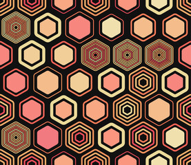 Mosaic hexagon shapes background. Geometric shapes of varied style and color. Large hexagon shapes. Tileable pattern. Seamless background. Elegant vector illustration.